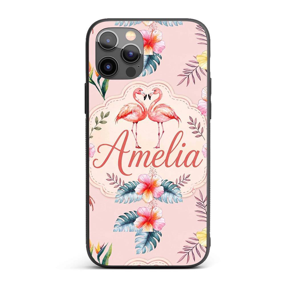 Elegant Pink Flamingos Tropical Flowers on Pink Custom Name Protective Phone Case Mobile Cover Durable Everyday Smartphone Shock Resistant