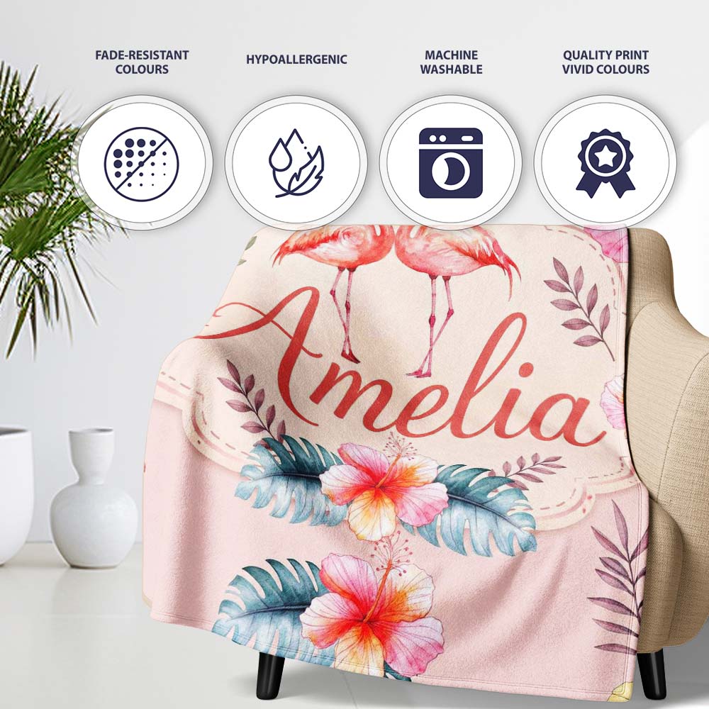Elegant Pink Flamingos Tropical Flowers on Pink Background Seamless Personalised Custom Name Super Soft Fleece Blanket Bed Sofa Throw