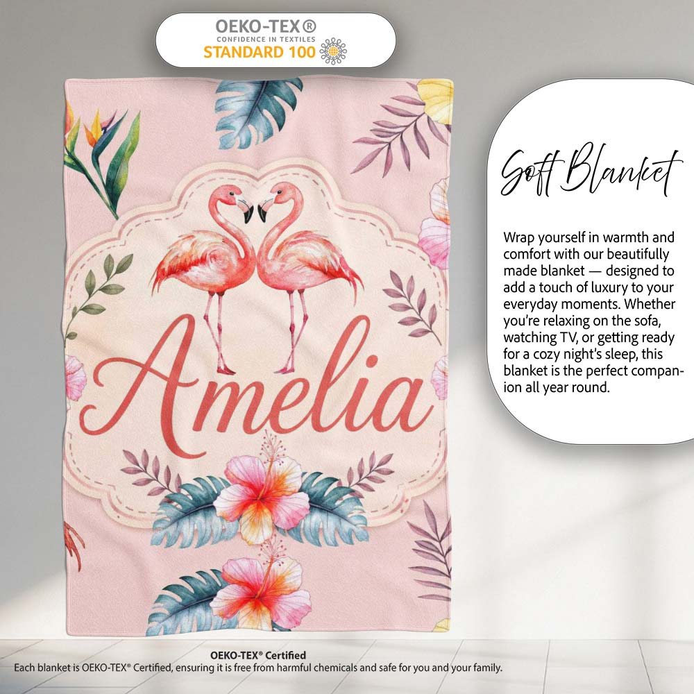 Elegant Pink Flamingos Tropical Flowers on Pink Background Seamless Personalised Custom Name Super Soft Fleece Blanket Bed Sofa Throw