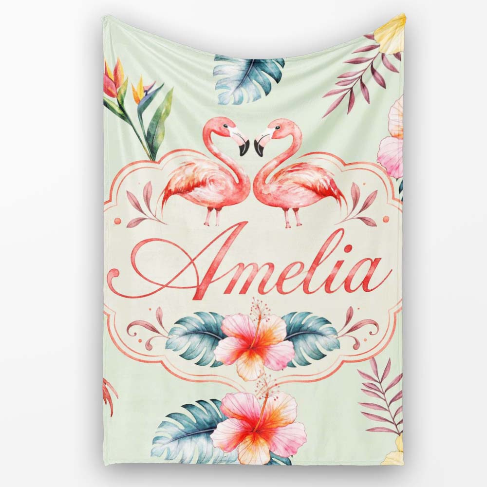 Elegant Pink Flamingos Tropical Flowers on Sage Green Background Personalised Custom Name Super Soft Fleece Blanket Bed Sofa Throw