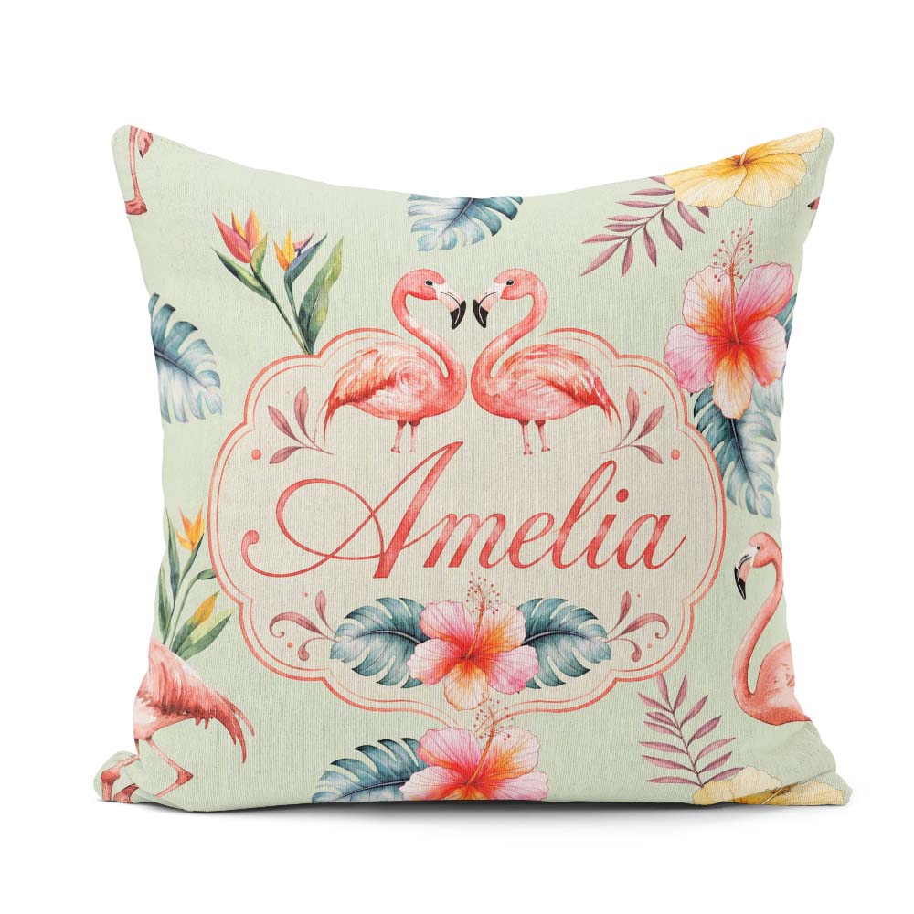 Custom Name Elegant Pink Flamingos Flowers Sage Green Background Square Filled Cushion Throw Pillow Sofa Bed Home Decor Zip Washable UK Made
