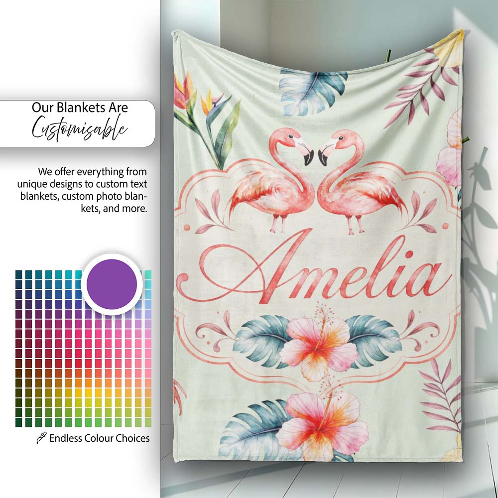 Elegant Pink Flamingos Tropical Flowers on Sage Green Background Personalised Custom Name Super Soft Fleece Blanket Bed Sofa Throw
