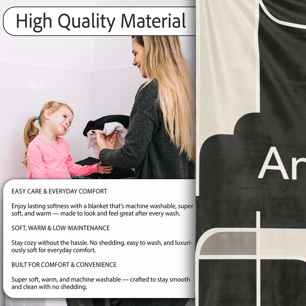 Contemporary Line Grid Black Cream Abstract Outline Pattern Lovely Personalised Custom Name Super Soft Fleece Blanket Bed Sofa Throw