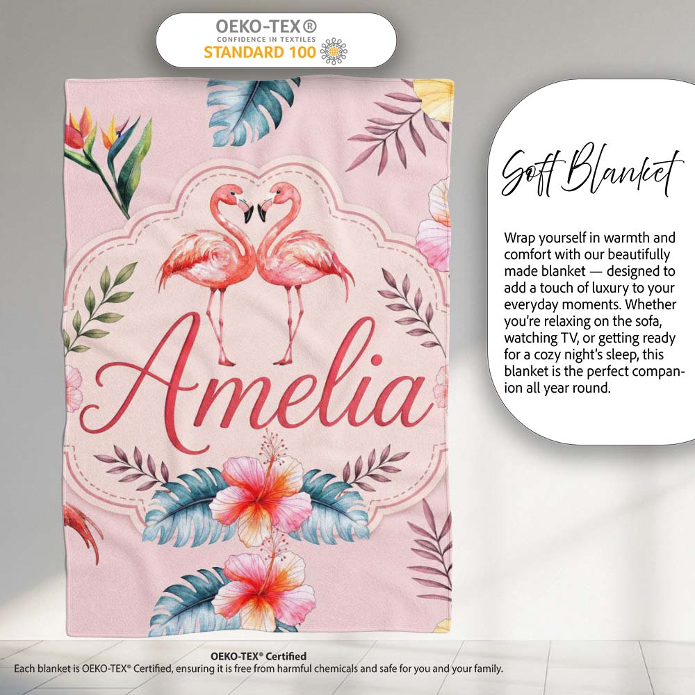 Elegant Pink Flamingos Tropical Flowers on Soft Pink Background Personalised Custom Name Super Soft Fleece Blanket Bed Sofa Throw