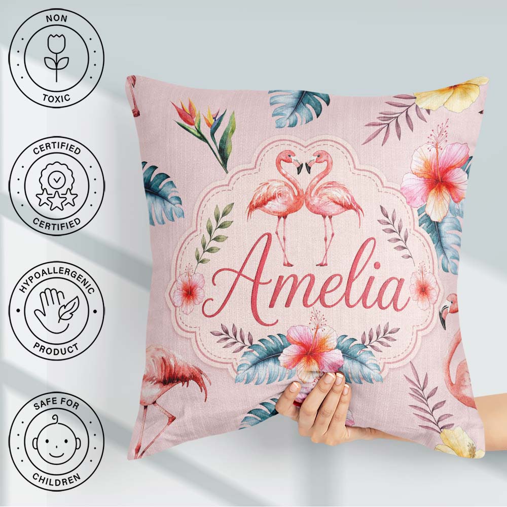Custom Name Elegant Pink Flamingos Tropical Flowers on Soft Pink Square Filled Cushion Throw Pillow Sofa Bed Home Decor Zip Washable UK Made