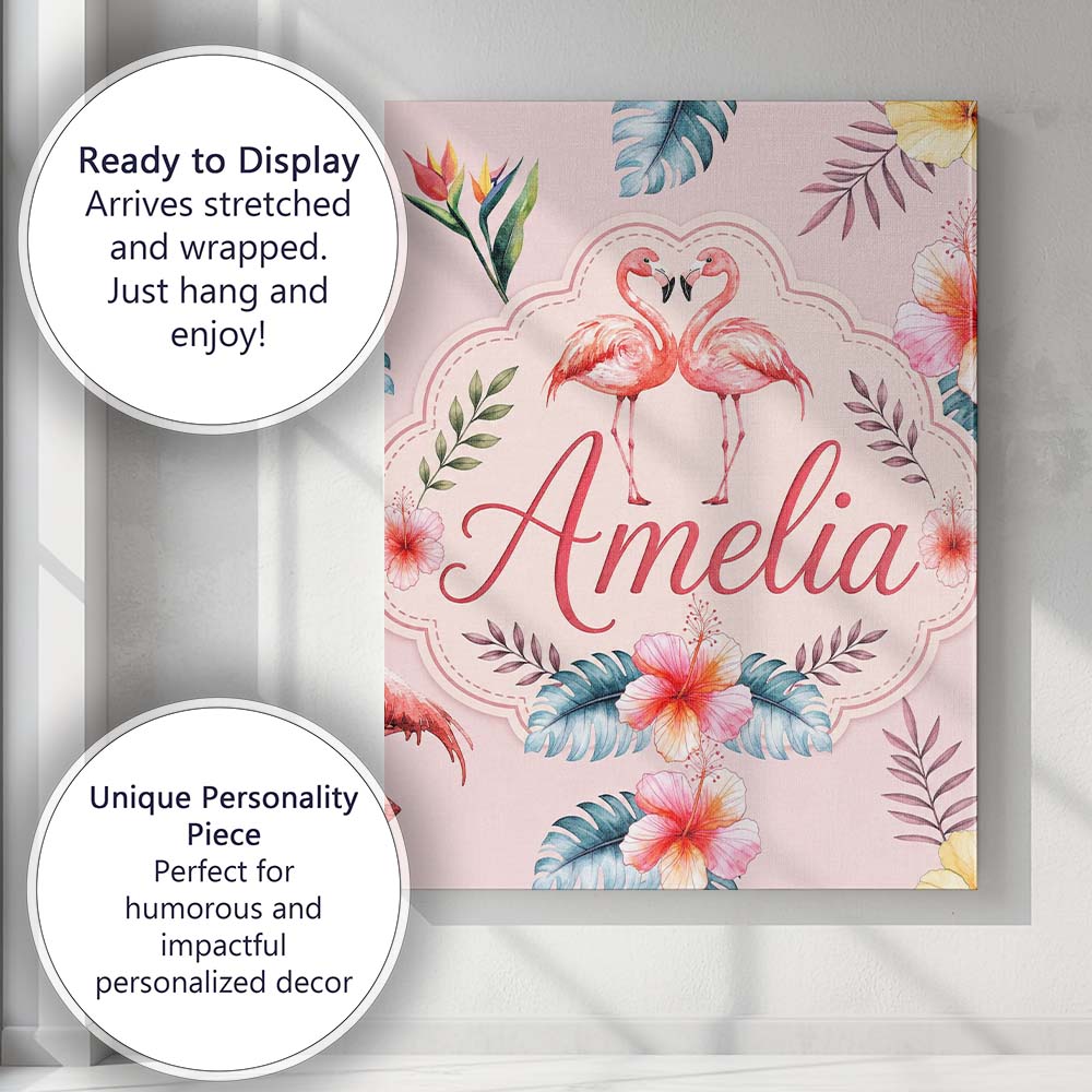 Personalised Name Elegant Pink Flamingos Custom Interior Decorative Contemporary Canvas Wall Art Print Decor Picture Ready to Hang