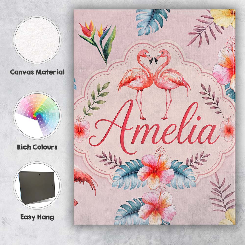 Personalised Name Elegant Pink Flamingos Custom Interior Decorative Contemporary Canvas Wall Art Print Decor Picture Ready to Hang