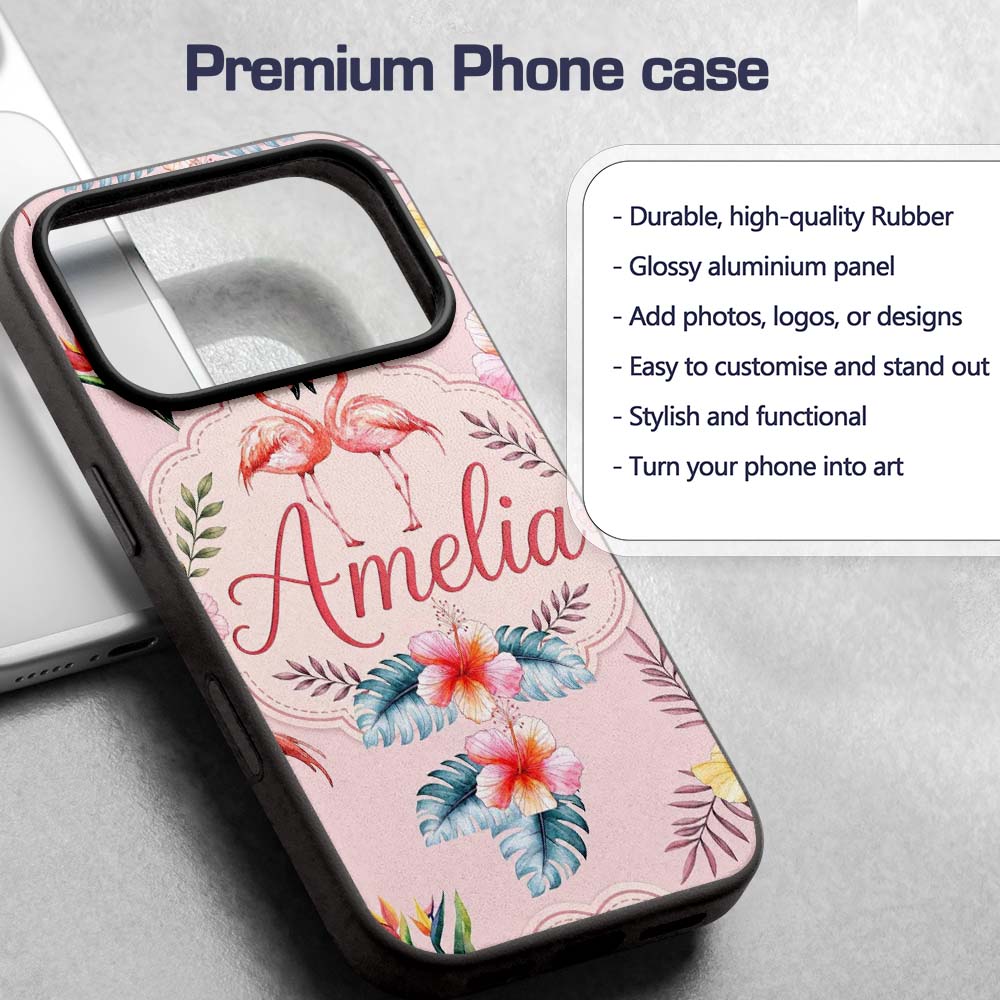 Elegant Pink Flamingos Tropical Flowers on Soft Custom Name Protective Phone Case Mobile Cover Durable Everyday Smartphone Shock Resistant