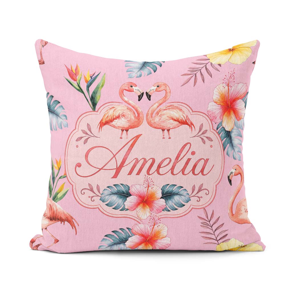 Custom Name Elegant Pink Flamingos Flowers Blush Pink Background Square Filled Cushion Throw Pillow Sofa Bed Home Decor Zip Washable UK Made
