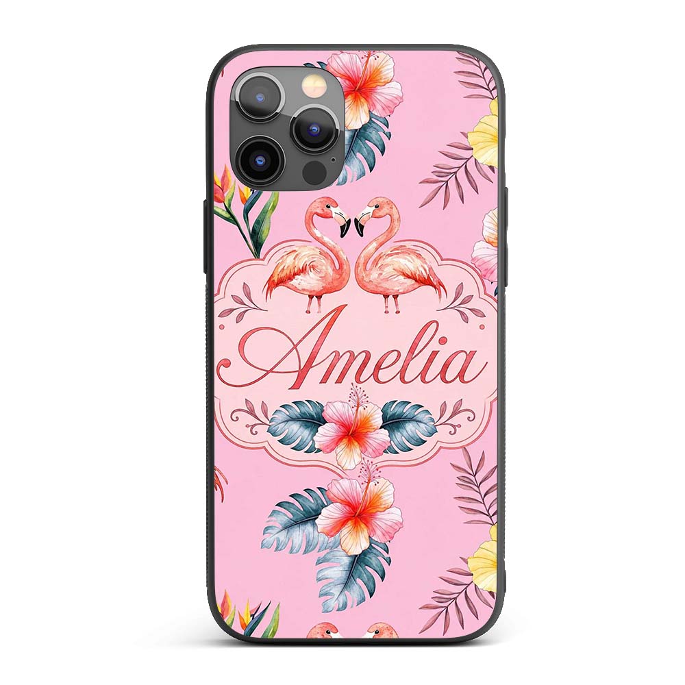 Elegant Pink Flamingos Tropical Flowers on Blush Custom Name Protective Phone Case Mobile Cover Durable Everyday Smartphone Shock Resistant
