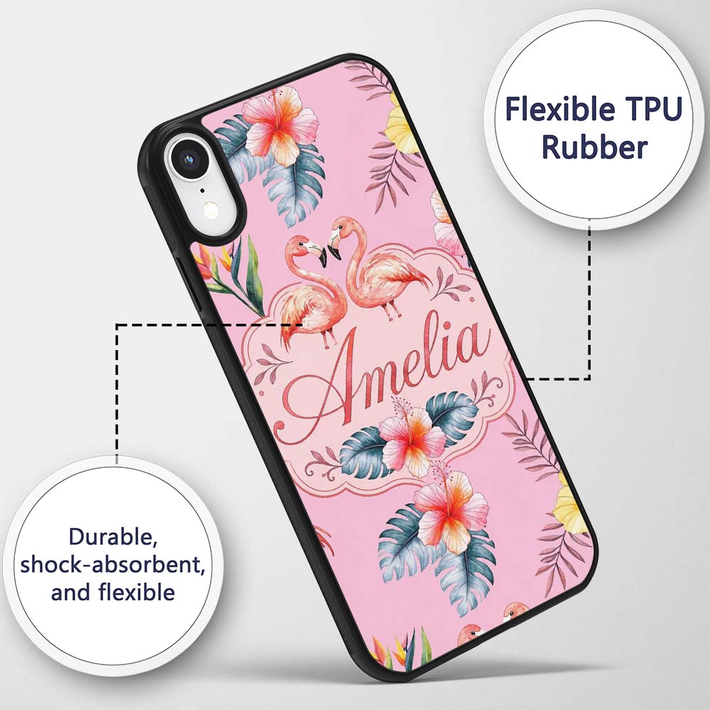 Elegant Pink Flamingos Tropical Flowers on Blush Custom Name Protective Phone Case Mobile Cover Durable Everyday Smartphone Shock Resistant