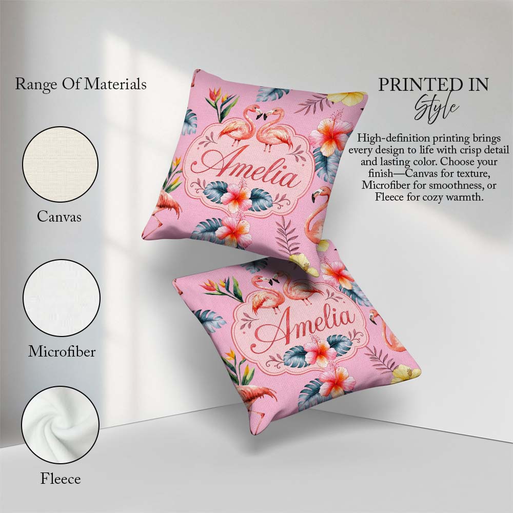 Custom Name Elegant Pink Flamingos Flowers Blush Pink Background Square Filled Cushion Throw Pillow Sofa Bed Home Decor Zip Washable UK Made