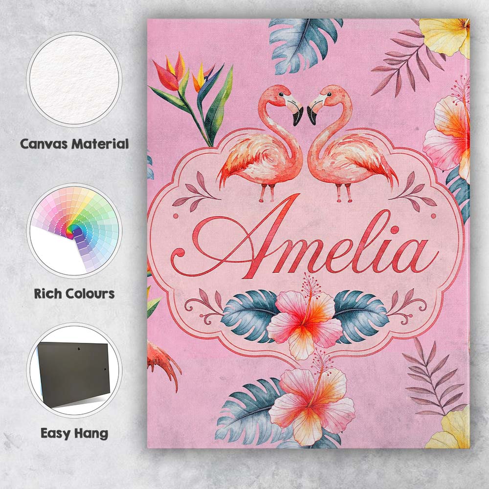Personalised Name Elegant Pink Flamingos Custom Interior Decorative Contemporary Canvas Wall Art Print Decor Picture Ready to Hang
