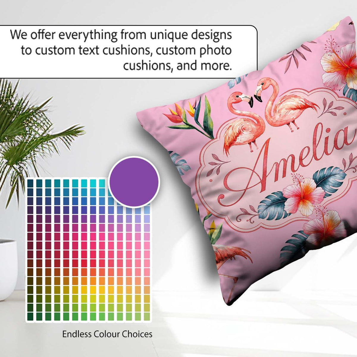 Custom Name Elegant Pink Flamingos Flowers Blush Pink Background Square Filled Cushion Throw Pillow Sofa Bed Home Decor Zip Washable UK Made