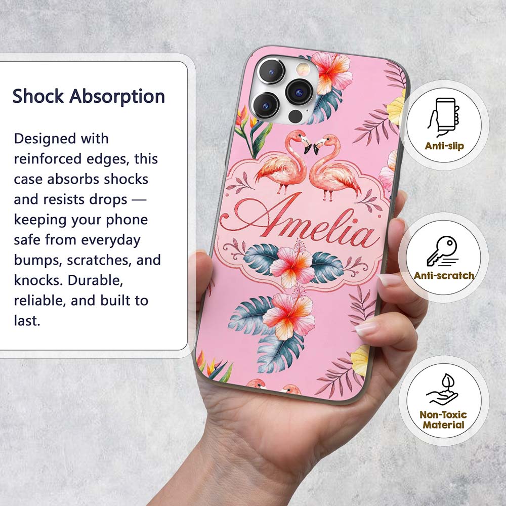 Elegant Pink Flamingos Tropical Flowers on Blush Custom Name Protective Phone Case Mobile Cover Durable Everyday Smartphone Shock Resistant