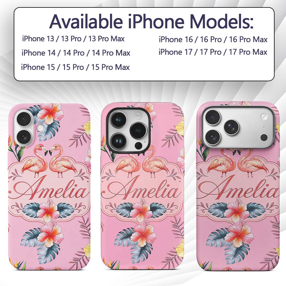 Elegant Pink Flamingos Tropical Flowers on Blush Custom Name Protective Phone Case Mobile Cover Durable Everyday Smartphone Shock Resistant