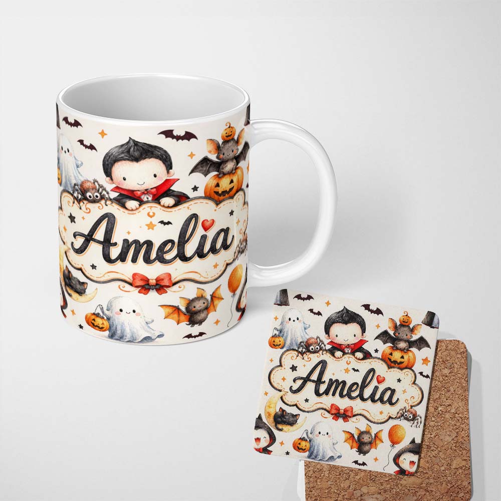 Personalized Custom Name Cute Halloween Dracula Ghost Bats on Light Beige Background Seamless 11oz Ceramic Coffee Tea Mug White Large Handle