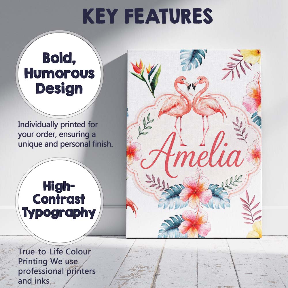 Personalised Name Elegant Pink Flamingos Custom Interior Decorative Contemporary Canvas Wall Art Print Decor Picture Ready to Hang
