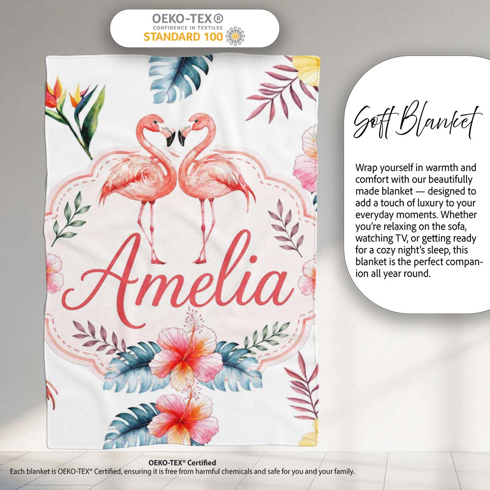 Elegant Pink Flamingos Tropical Flowers on Light Grey Background Personalised Custom Name Super Soft Fleece Blanket Bed Sofa Throw