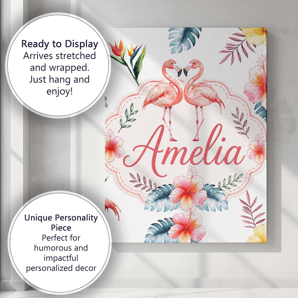 Personalised Name Elegant Pink Flamingos Custom Interior Decorative Contemporary Canvas Wall Art Print Decor Picture Ready to Hang