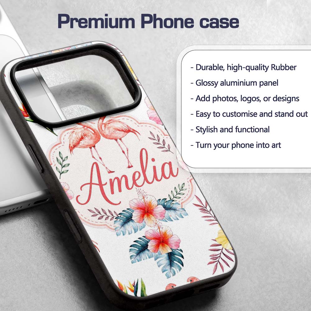 Elegant Pink Flamingos Tropical Flowers on Light Custom Name Protective Phone Case Mobile Cover Durable Everyday Smartphone Shock Resistant