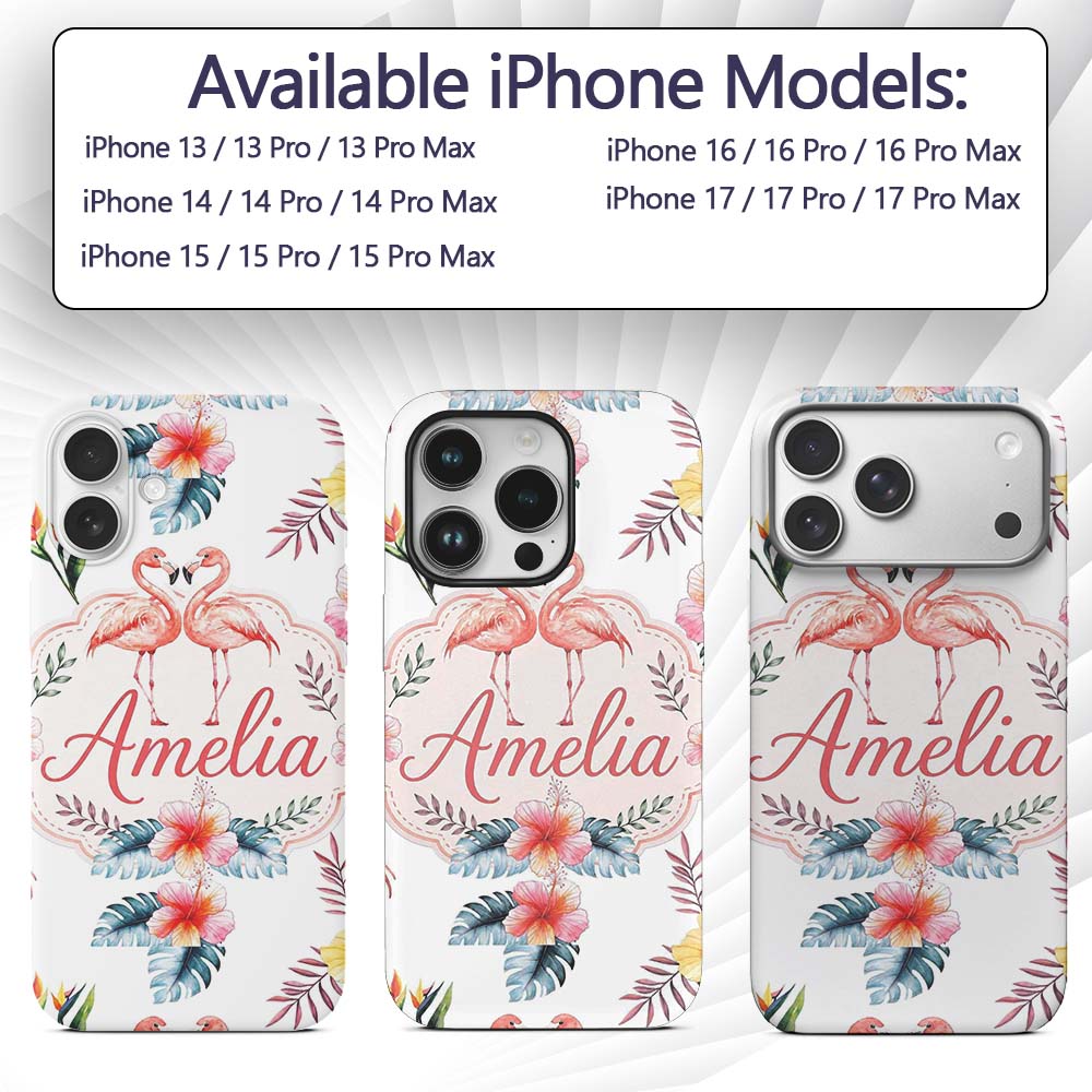 Elegant Pink Flamingos Tropical Flowers on Light Custom Name Protective Phone Case Mobile Cover Durable Everyday Smartphone Shock Resistant