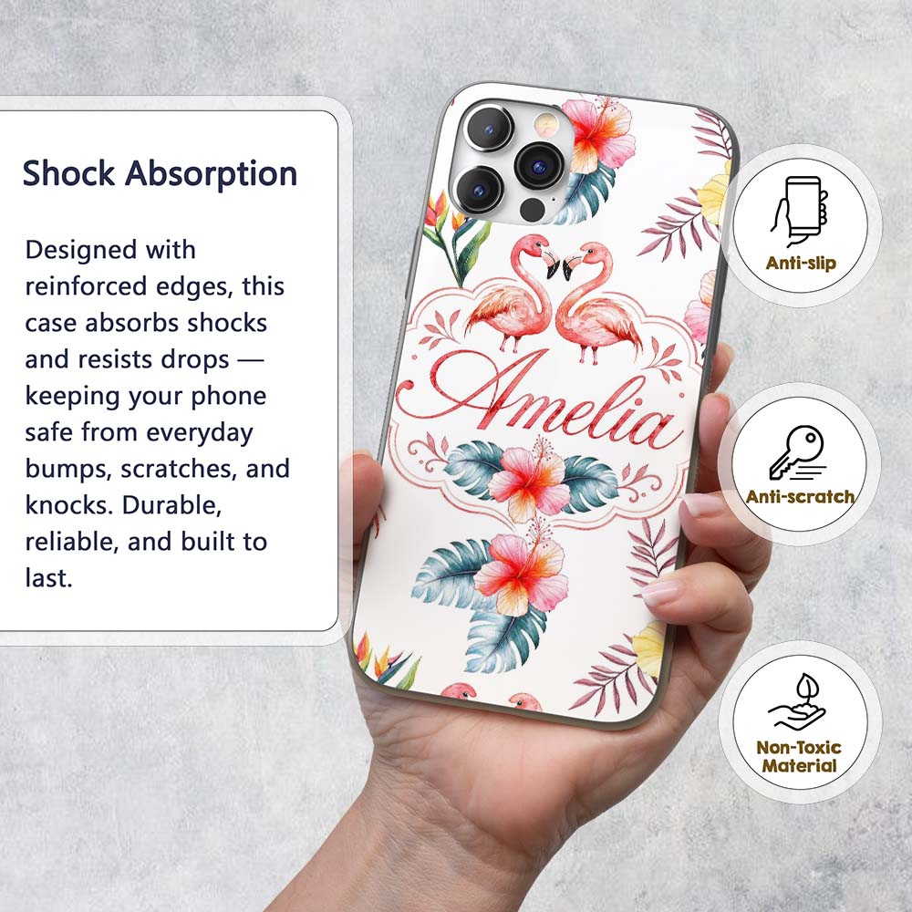 Elegant Pink Flamingos Tropical Flowers on Pale Custom Name Protective Phone Case Mobile Cover Durable Everyday Smartphone Shock Resistant
