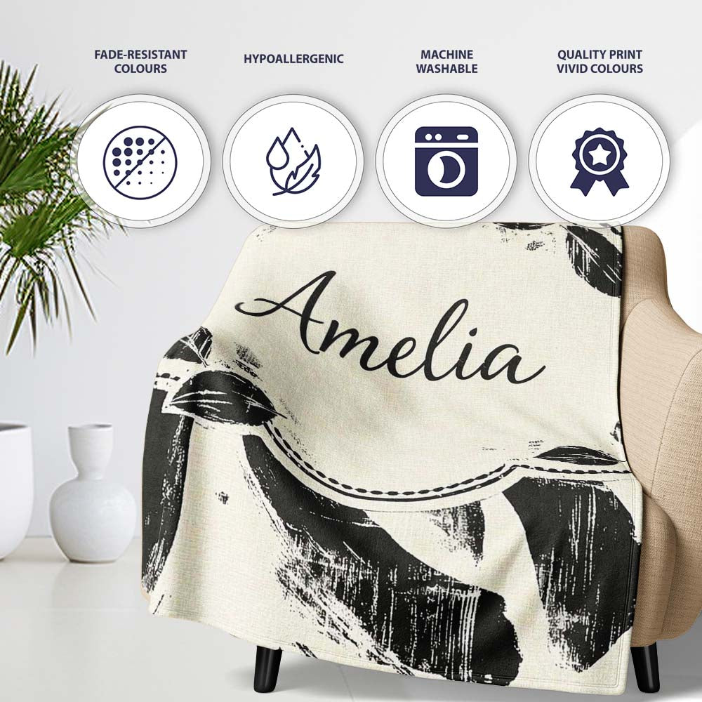 Bold Expressionist Brush Strokes Black Cream Artistic Abstract Personalised Custom Name Super Soft Fleece Blanket Bed Sofa Throw