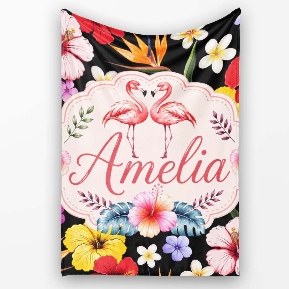 Cute Tropical Hibiscus Flowers Birds of Paradise Bright Floral Personalised Custom Name Super Soft Fleece Blanket Bed Sofa Throw