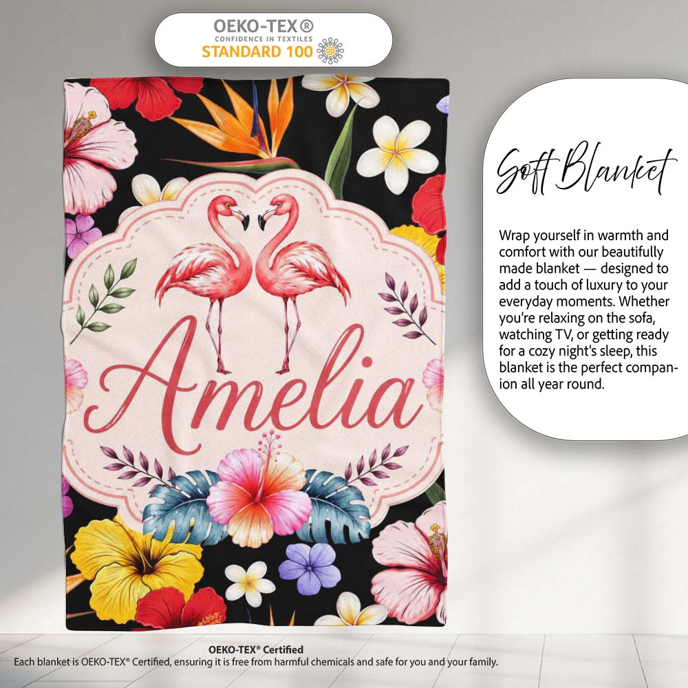 Cute Tropical Hibiscus Flowers Birds of Paradise Bright Floral Personalised Custom Name Super Soft Fleece Blanket Bed Sofa Throw