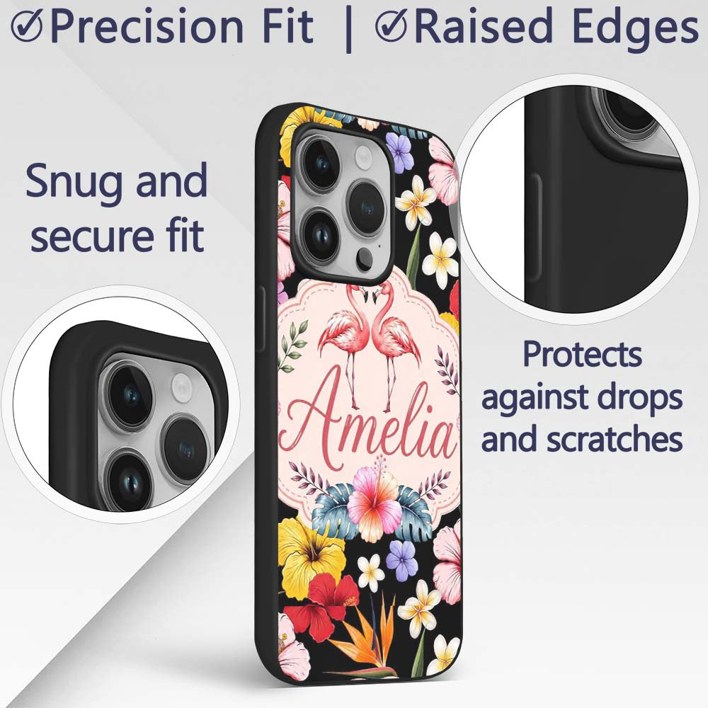 Cute Tropical Hibiscus Flowers Birds of Paradise Custom Name Protective Phone Case Mobile Cover Durable Everyday Smartphone Shock Resistant