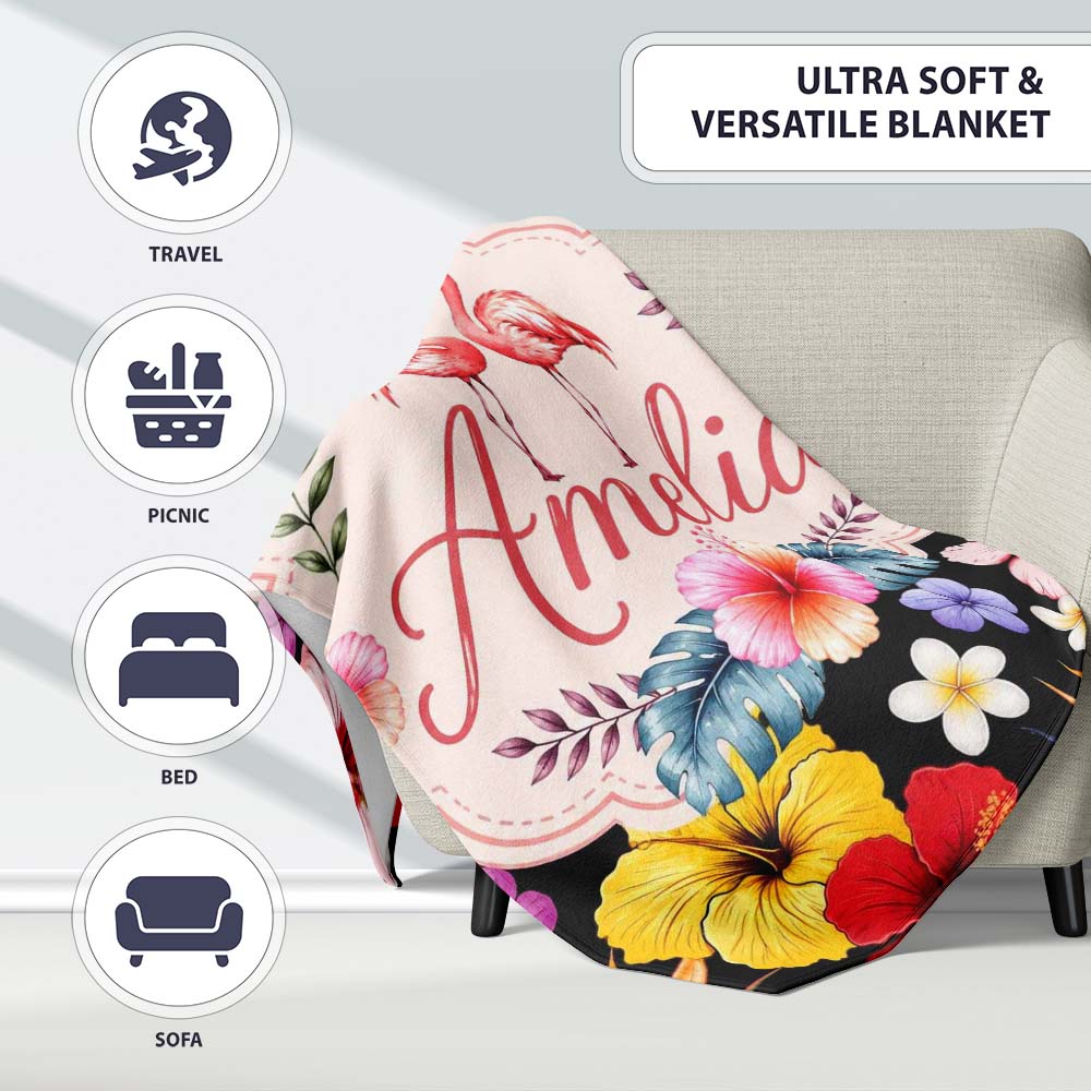 Cute Tropical Hibiscus Flowers Birds of Paradise Bright Floral Personalised Custom Name Super Soft Fleece Blanket Bed Sofa Throw