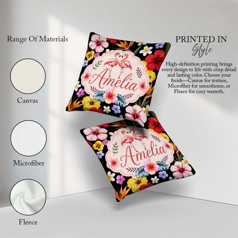 Custom Name Tropical Hibiscus Flowers of Paradise Bright Floral Square Filled Cushion Throw Pillow Sofa Bed Home Decor Zip Washable UK Made