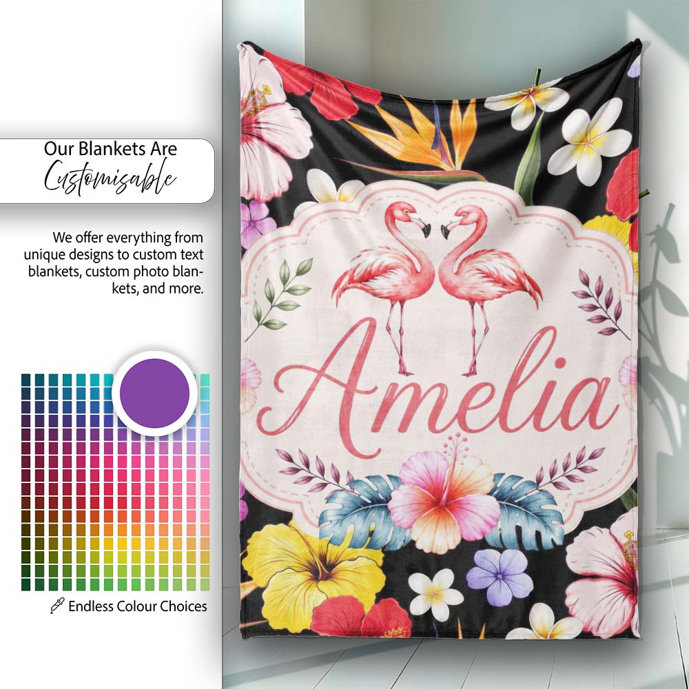 Cute Tropical Hibiscus Flowers Birds of Paradise Bright Floral Personalised Custom Name Super Soft Fleece Blanket Bed Sofa Throw