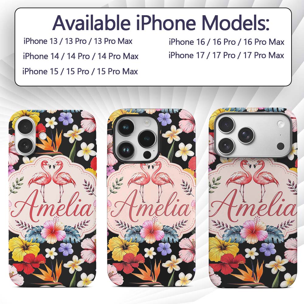 Cute Tropical Hibiscus Flowers Birds of Paradise Custom Name Protective Phone Case Mobile Cover Durable Everyday Smartphone Shock Resistant