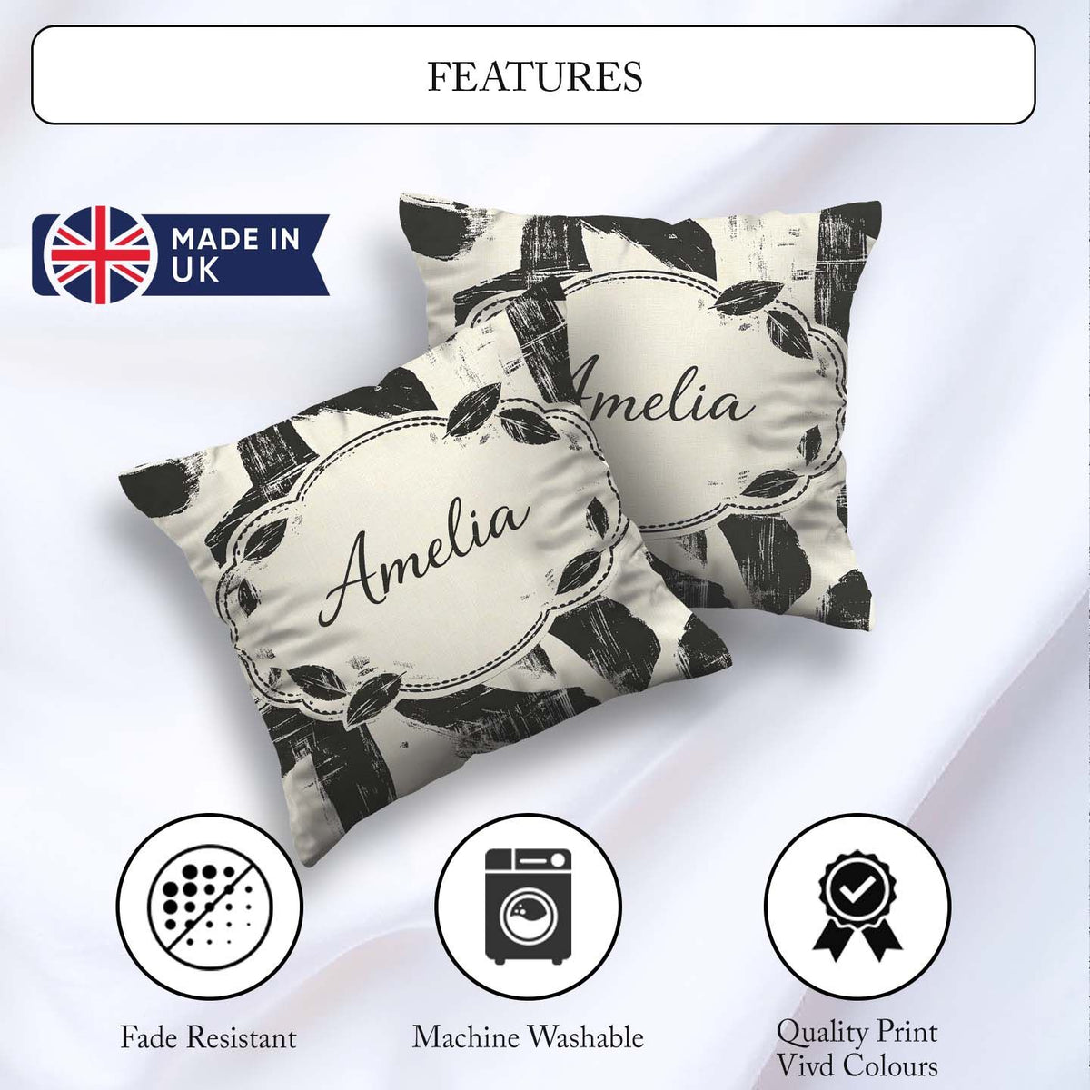 Custom Name Bold Brush Strokes Black Cream Artistic Abstract Square Filled Cushion Throw Pillow Sofa Bed Home Decor Zip Washable UK Made