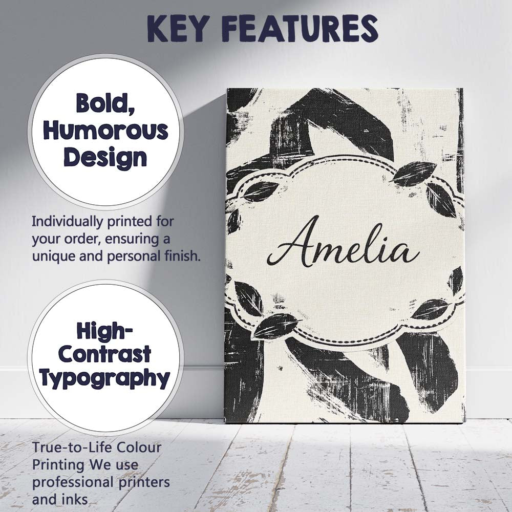 Personalised Name Bold Expressionist Brush Strokes Black Cream Custom Modern Room Accent Canvas Wall Art Print Decor Picture Ready to Hang