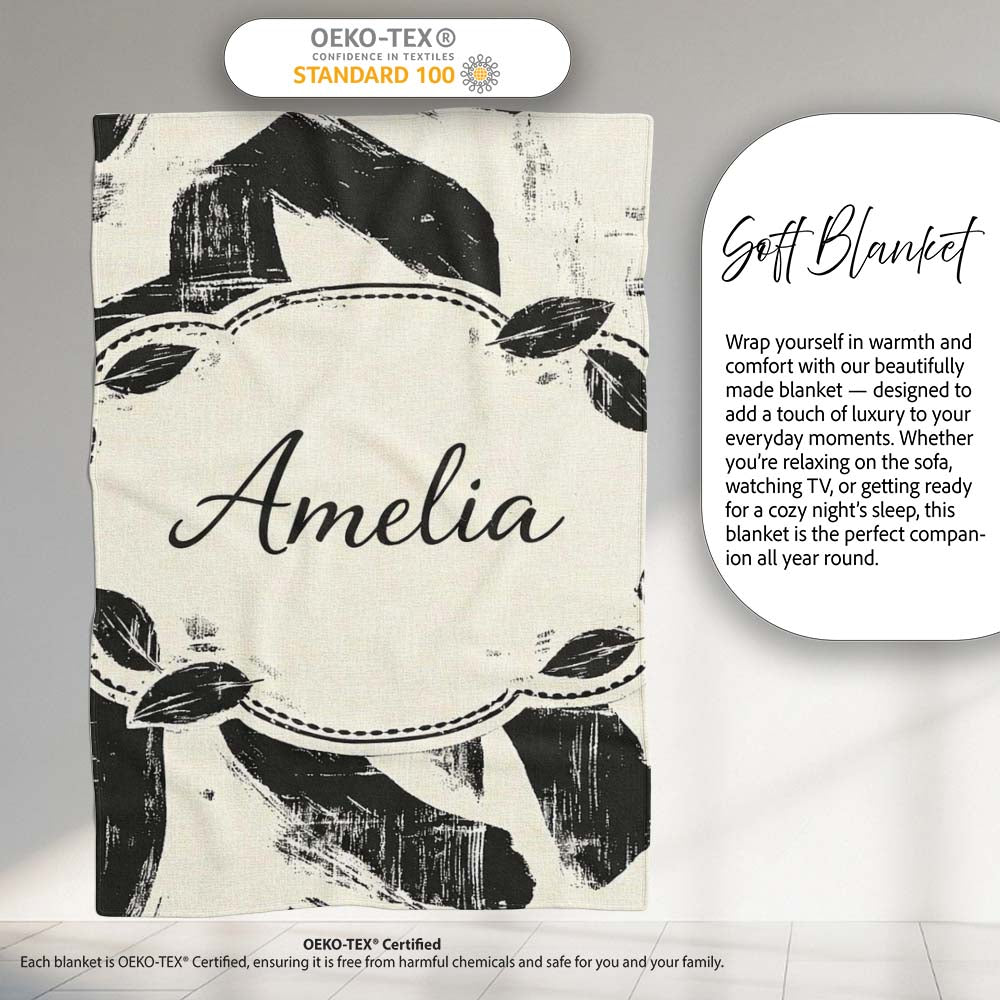 Bold Expressionist Brush Strokes Black Cream Artistic Abstract Personalised Custom Name Super Soft Fleece Blanket Bed Sofa Throw