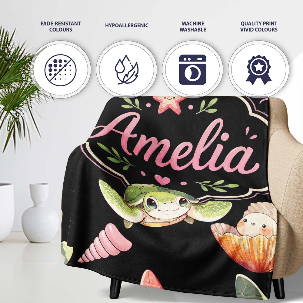 Cute Cartoon Sea Turtle Starfish Shells on Black Background Seamless Personalised Custom Name Super Soft Fleece Blanket Bed Sofa Throw