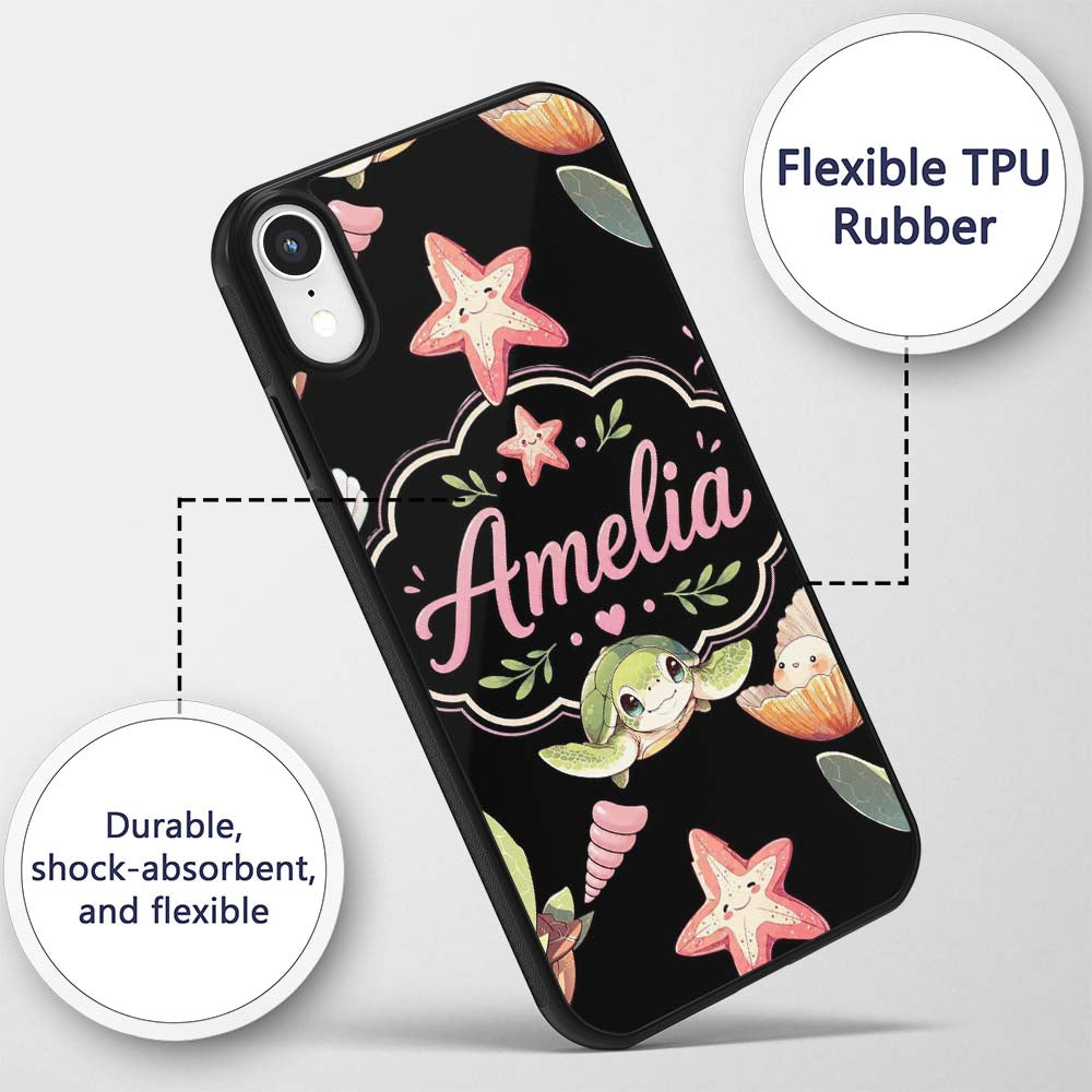 Cute Cartoon Sea Turtle Starfish Shells on Black Custom Name Protective Phone Case Mobile Cover Durable Everyday Smartphone Shock Resistant