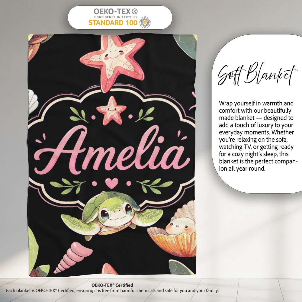 Cute Cartoon Sea Turtle Starfish Shells on Black Background Seamless Personalised Custom Name Super Soft Fleece Blanket Bed Sofa Throw