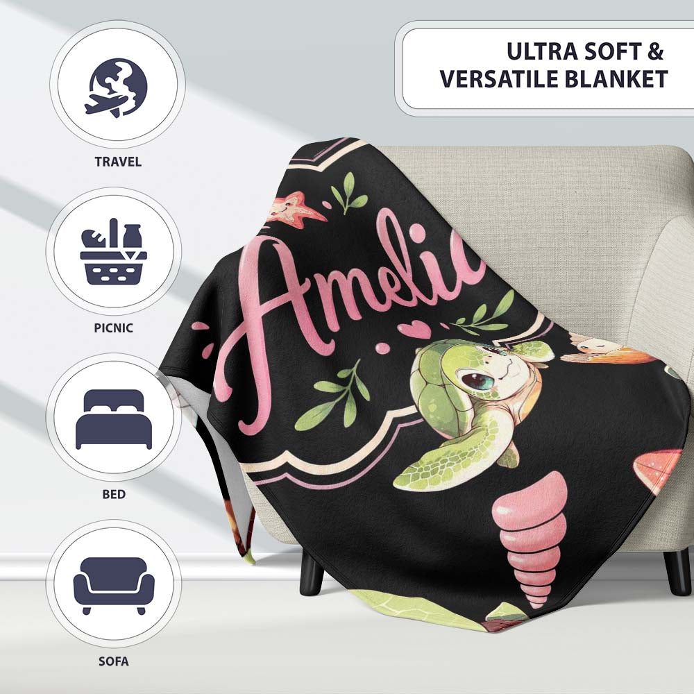 Cute Cartoon Sea Turtle Starfish Shells on Black Background Seamless Personalised Custom Name Super Soft Fleece Blanket Bed Sofa Throw