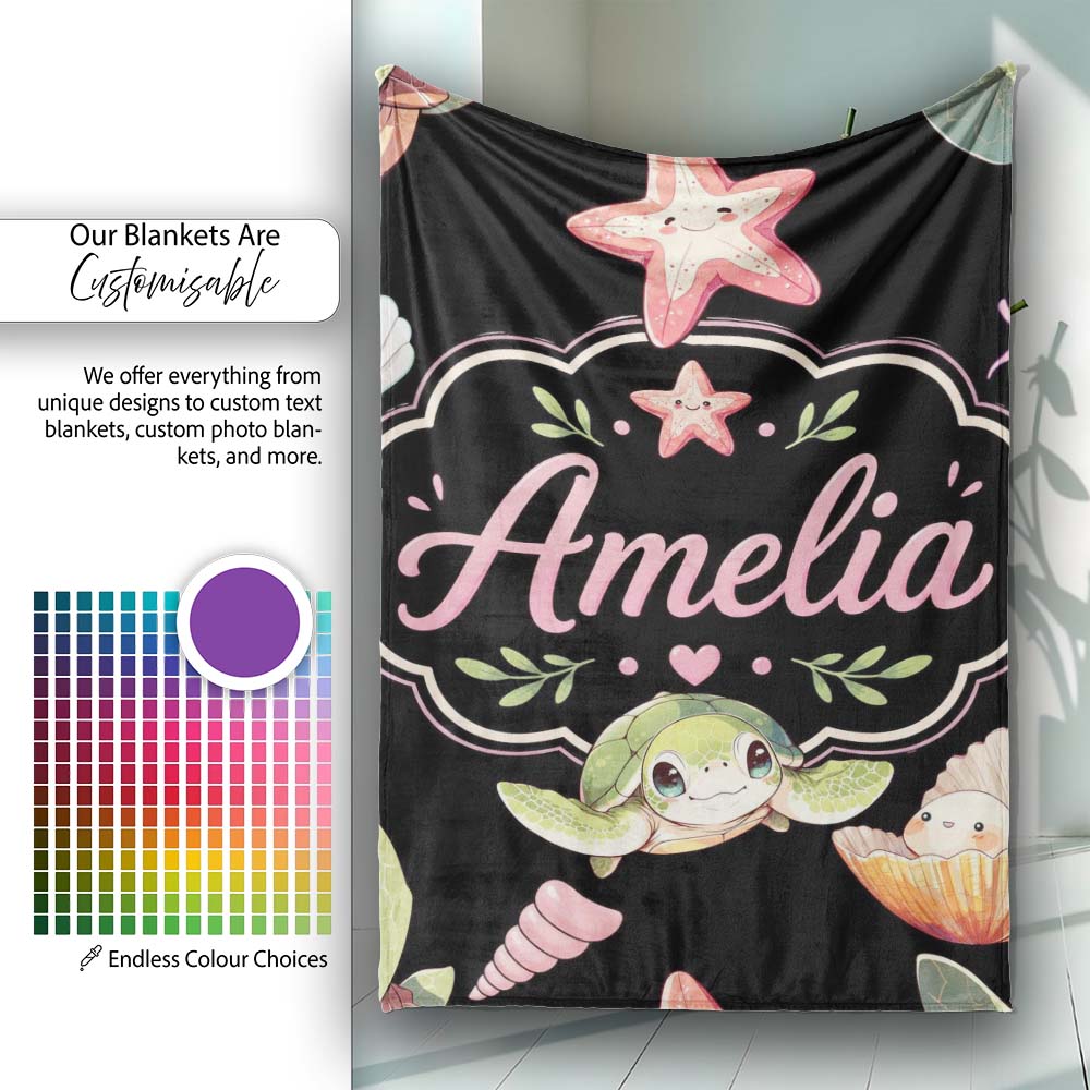 Cute Cartoon Sea Turtle Starfish Shells on Black Background Seamless Personalised Custom Name Super Soft Fleece Blanket Bed Sofa Throw