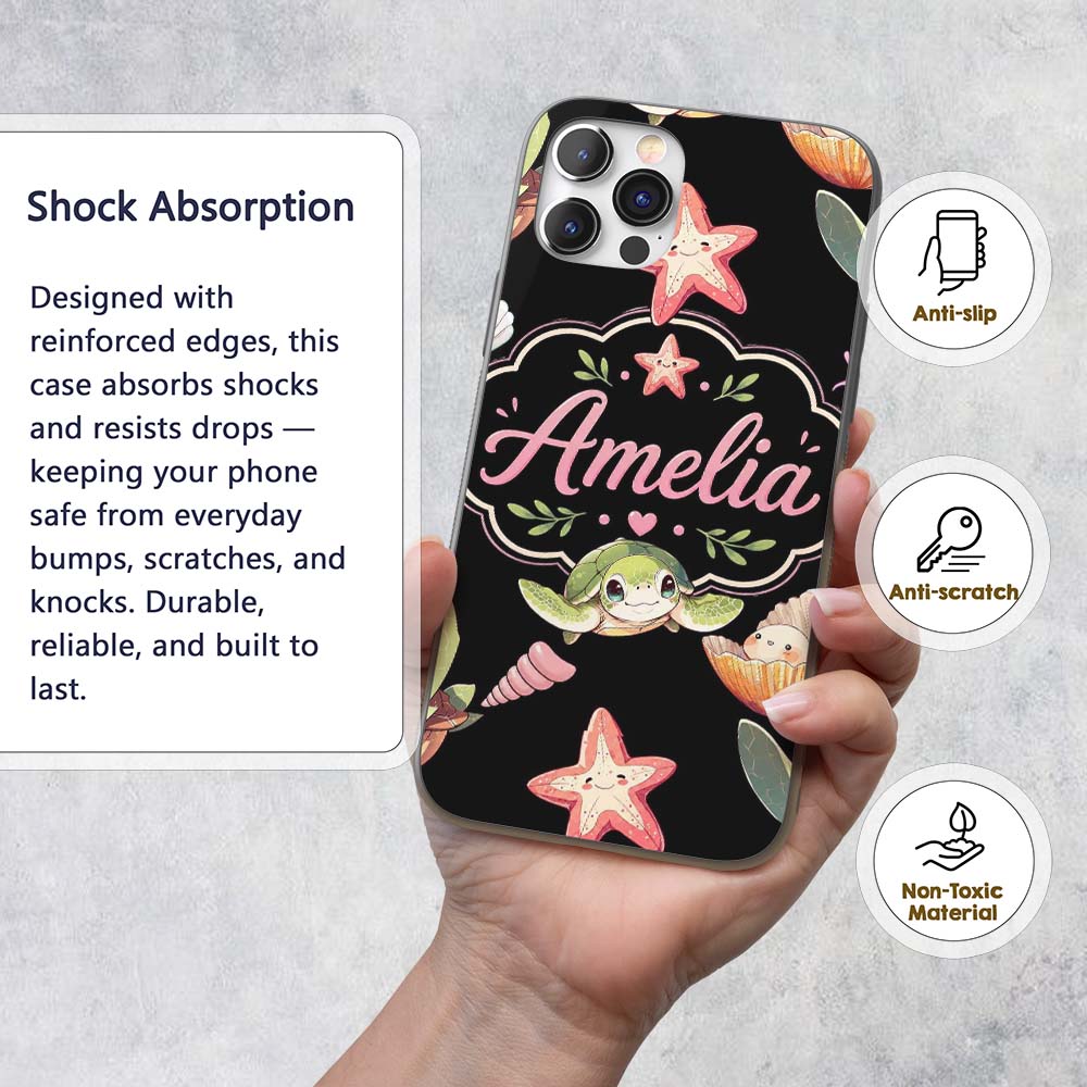 Cute Cartoon Sea Turtle Starfish Shells on Black Custom Name Protective Phone Case Mobile Cover Durable Everyday Smartphone Shock Resistant