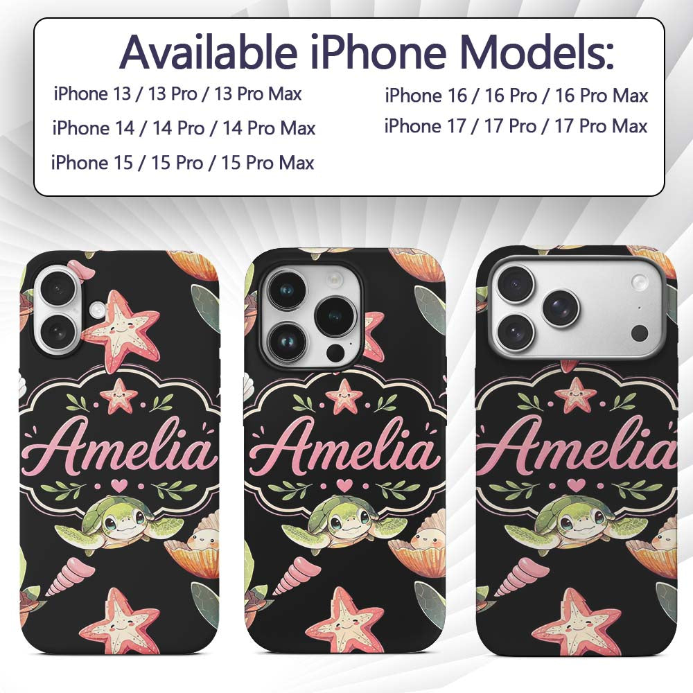 Cute Cartoon Sea Turtle Starfish Shells on Black Custom Name Protective Phone Case Mobile Cover Durable Everyday Smartphone Shock Resistant