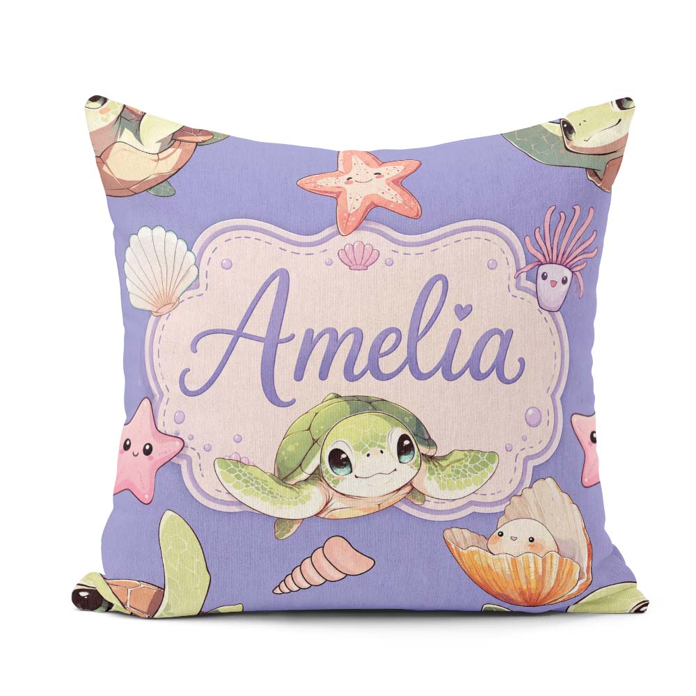 Custom Name Cute Sea Turtle Starfish Shells on Purple Background Square Filled Cushion Throw Pillow Sofa Bed Home Decor Zip Washable UK Made