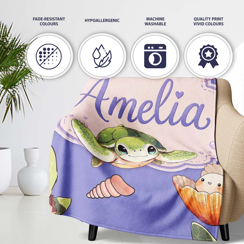 Cute Cartoon Sea Turtle Starfish Shells on Purple Background Lovely Personalised Custom Name Super Soft Fleece Blanket Bed Sofa Throw