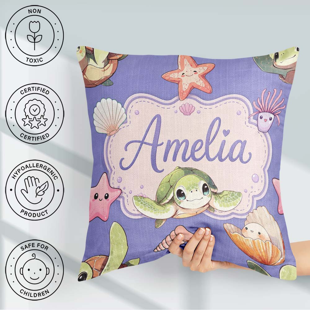 Custom Name Cute Sea Turtle Starfish Shells on Purple Background Square Filled Cushion Throw Pillow Sofa Bed Home Decor Zip Washable UK Made