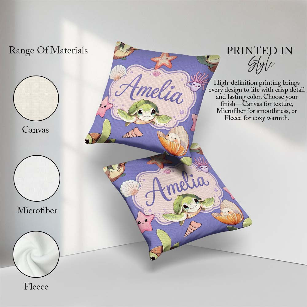 Custom Name Cute Sea Turtle Starfish Shells on Purple Background Square Filled Cushion Throw Pillow Sofa Bed Home Decor Zip Washable UK Made