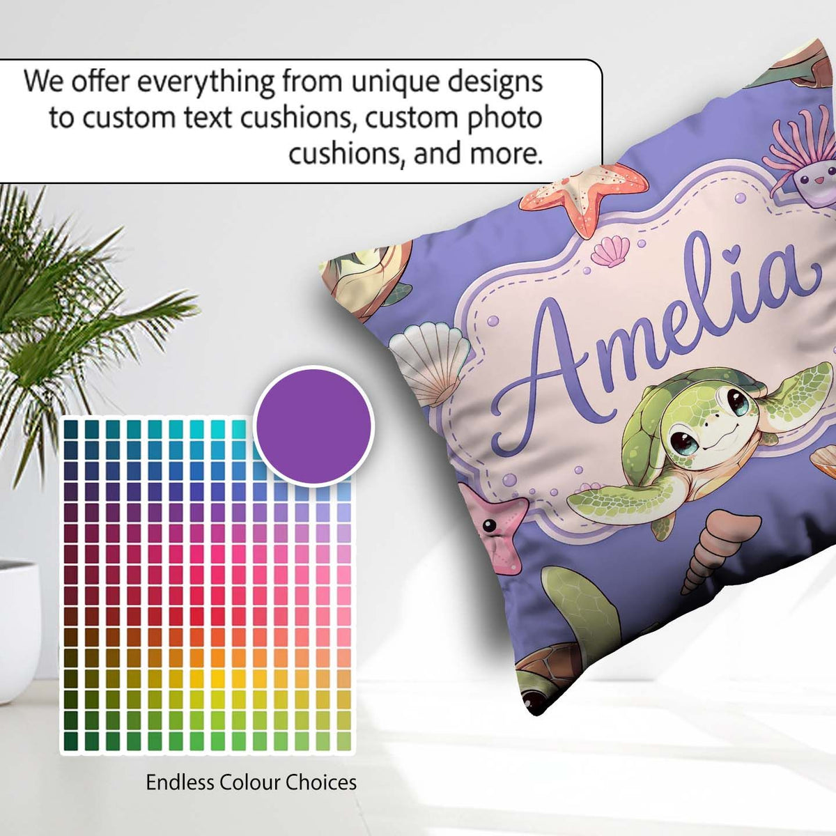 Custom Name Cute Sea Turtle Starfish Shells on Purple Background Square Filled Cushion Throw Pillow Sofa Bed Home Decor Zip Washable UK Made